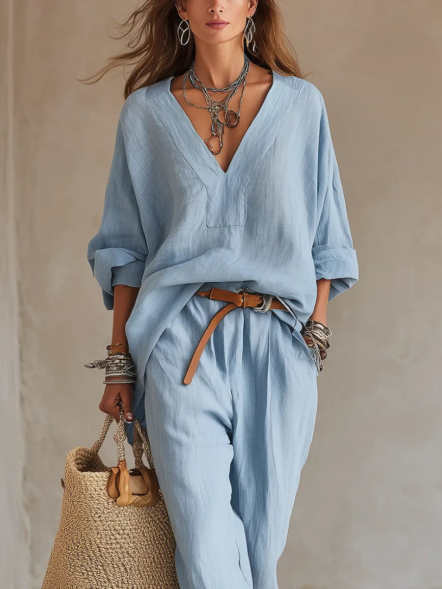 Casual Blue Natural Linen Suit