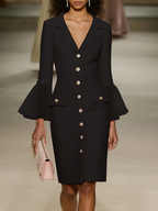 Black Buckle Mesh Tweed Lapel Collar Long Sleeve Bell Sleeve Sheath Midi Dress