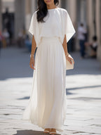 Pleated Shawl-Sleeve High-Waisted Flowy Maxi Dress Set