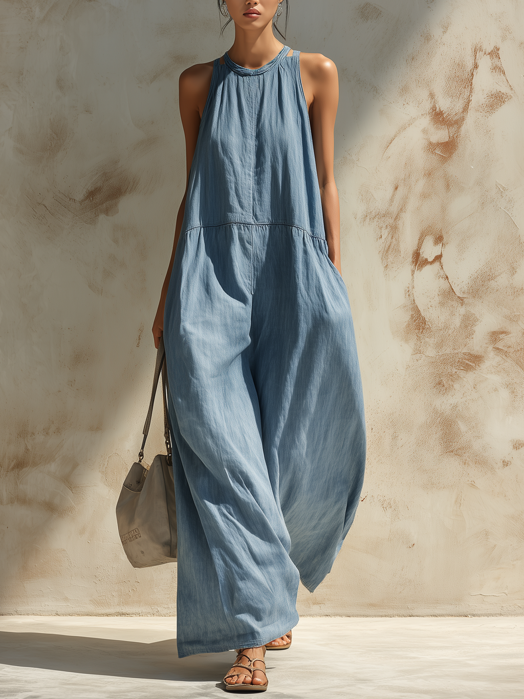 Light Blue Tencel Denim Wide-Leg Jumpsuit
