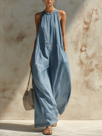 Light Blue Tencel Denim Wide-Leg Jumpsuit
