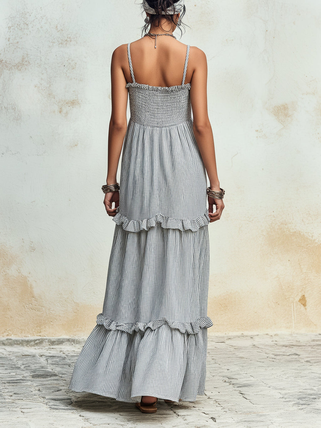 Tiered Ruffled Striped Smocked Cami Maxi Dress