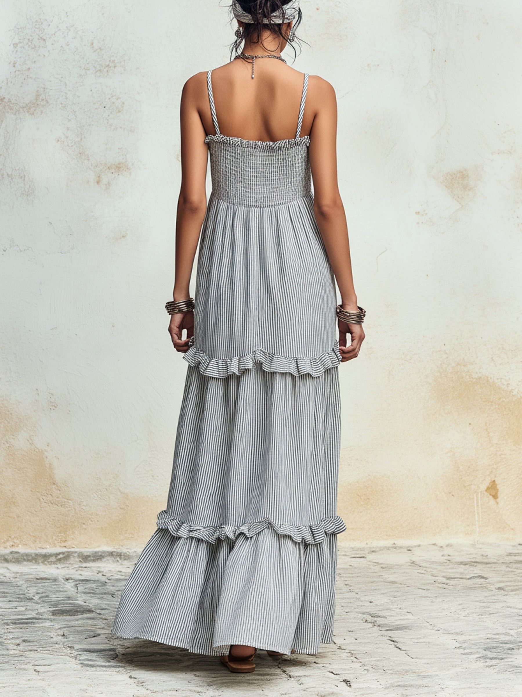 Tiered Ruffled Striped Smocked Cami Maxi Dress