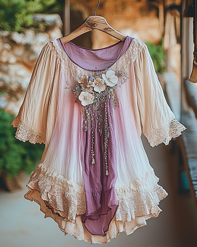 Summer Vacation Ruffle  Lace Patchwork Top  8aa9