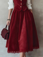 Midi Cotton Skirt (Shirt and Vest Not Included), Plain, Pocket Design, Vintage, Wine Red