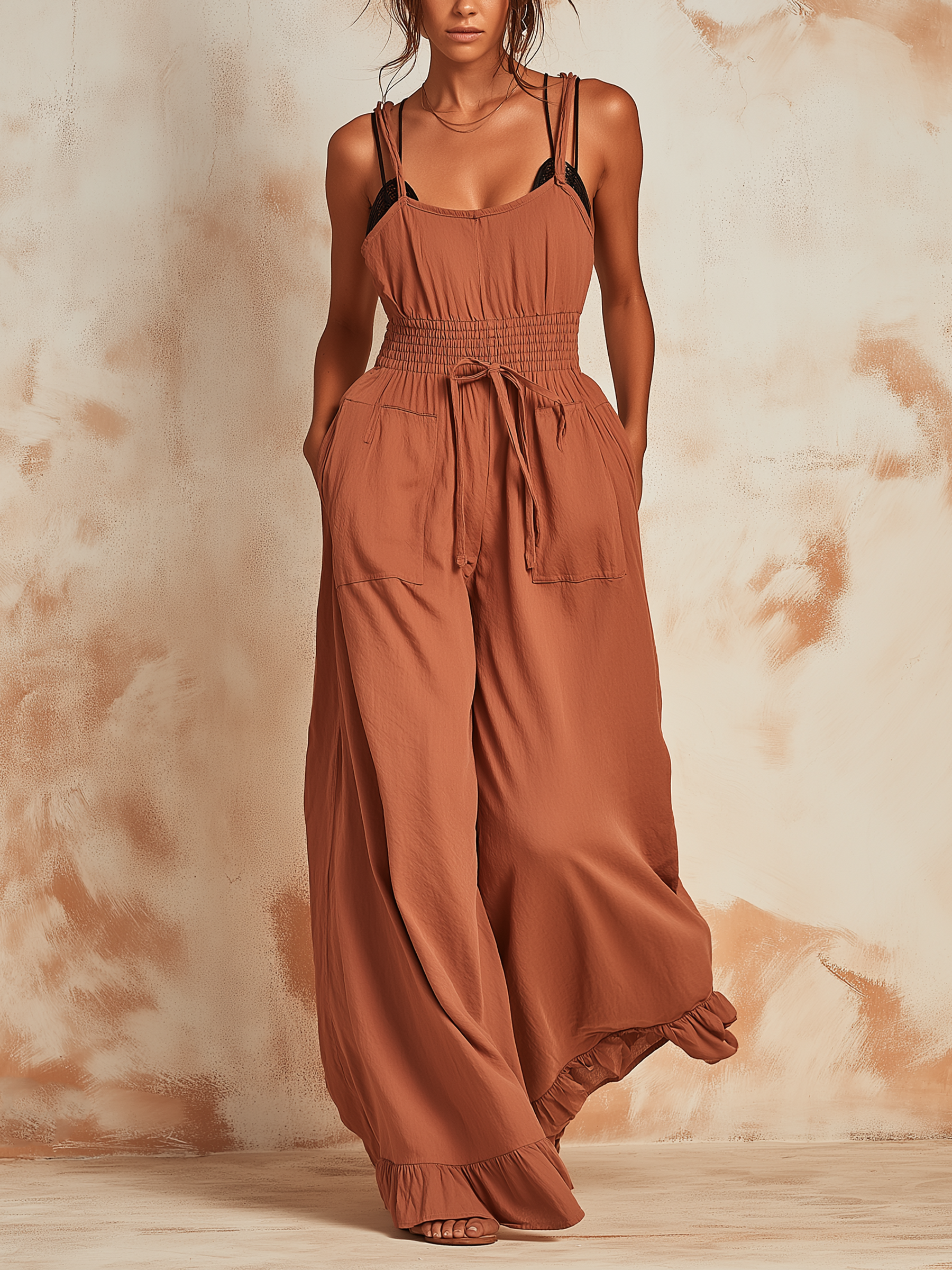 Smocked Waist Ruffle Hem Wide-Leg Jumpsuit