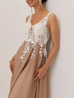 Apricot Lace Prom Dress V Neck Sleeveless A-Line Maxi Mother of the Bride or Groom Dress