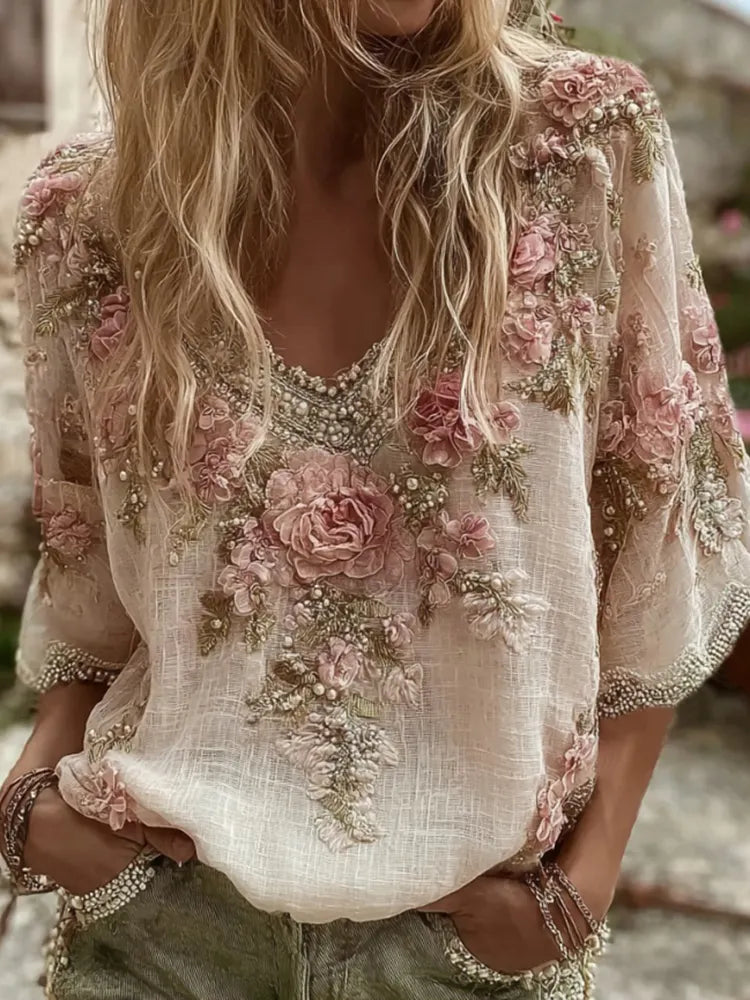 Women's Pink Rose Embroidery Art V-neck Short Sleeve Linen Blend T-shirt
