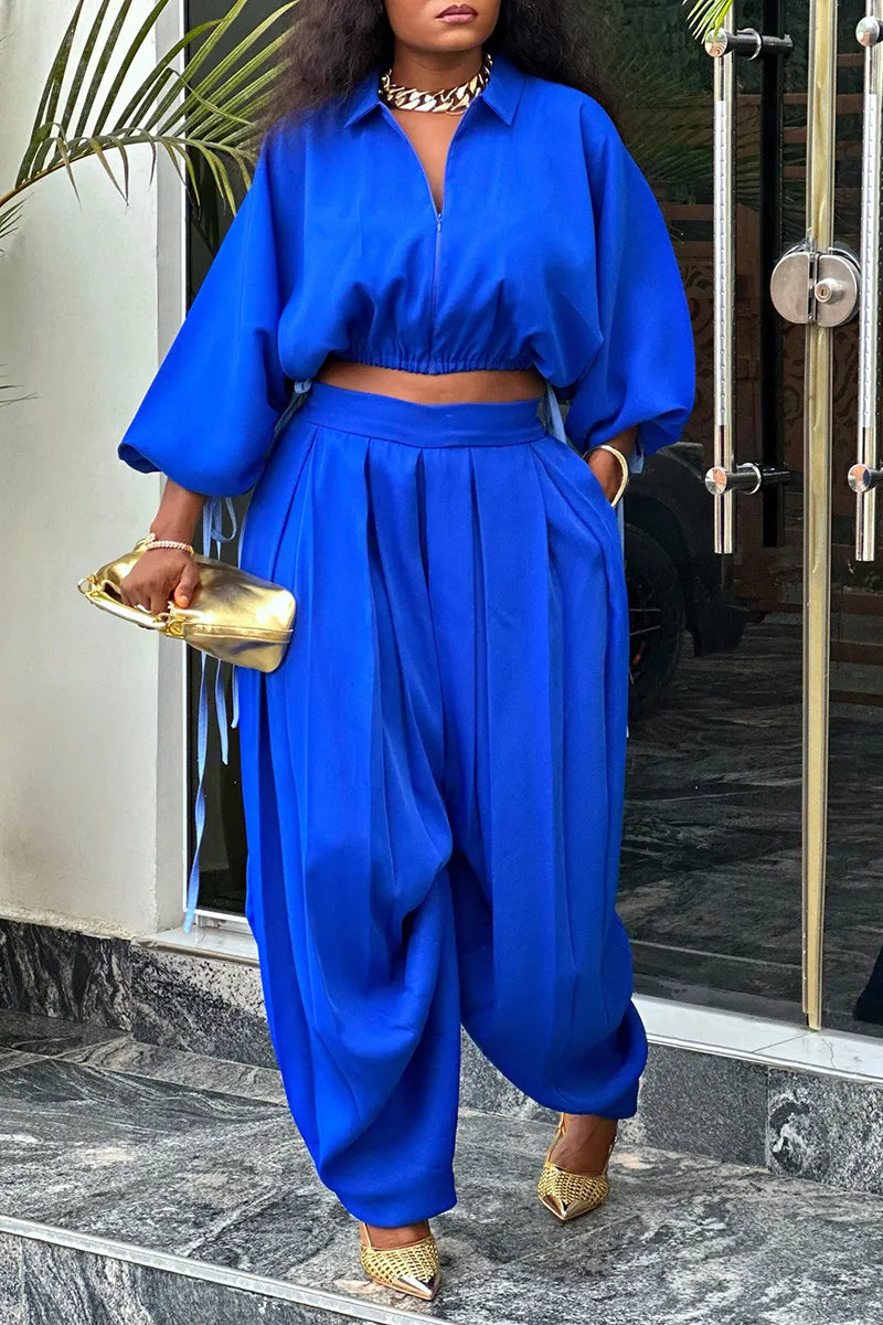 Women's Casual Lapel Batwing Sleeve Top Loose Pants Two-Piece Set
