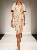 Apricot Wrap Dress Shirt Collar Short Sleeve Sheath Midi Dress