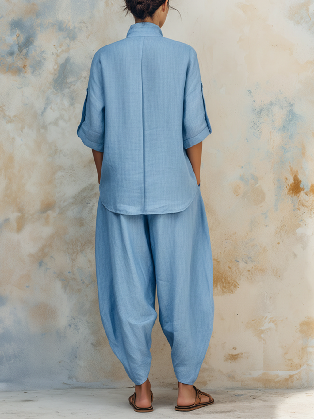 Light Blue Denim Loungewear Set, Half Sleeve Top & Wide Leg Pants 2 Piece Outfit
