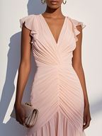 Pink Shirred Ruched Chiffon Lotus Leaf Collar Cap Sleeve Ruffle Sleeve Mermaid Midi Dress