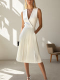 Cream White Cotton-Linen Sleeveless Top and Pleated Skirt Set