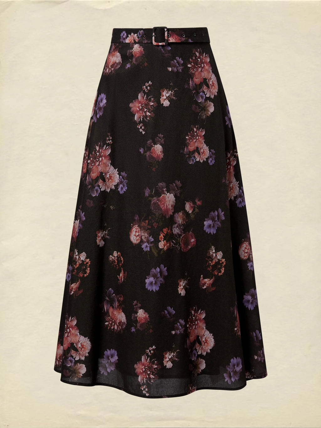 Maxi Cotton Skirt, Floral, Belt Design, Vintage, Black