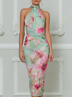 Elegant Floral Halter Bodycon Midi Dress