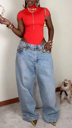 Mock Neck Bodysuit & Light Wash Baggy Jeans Outfit