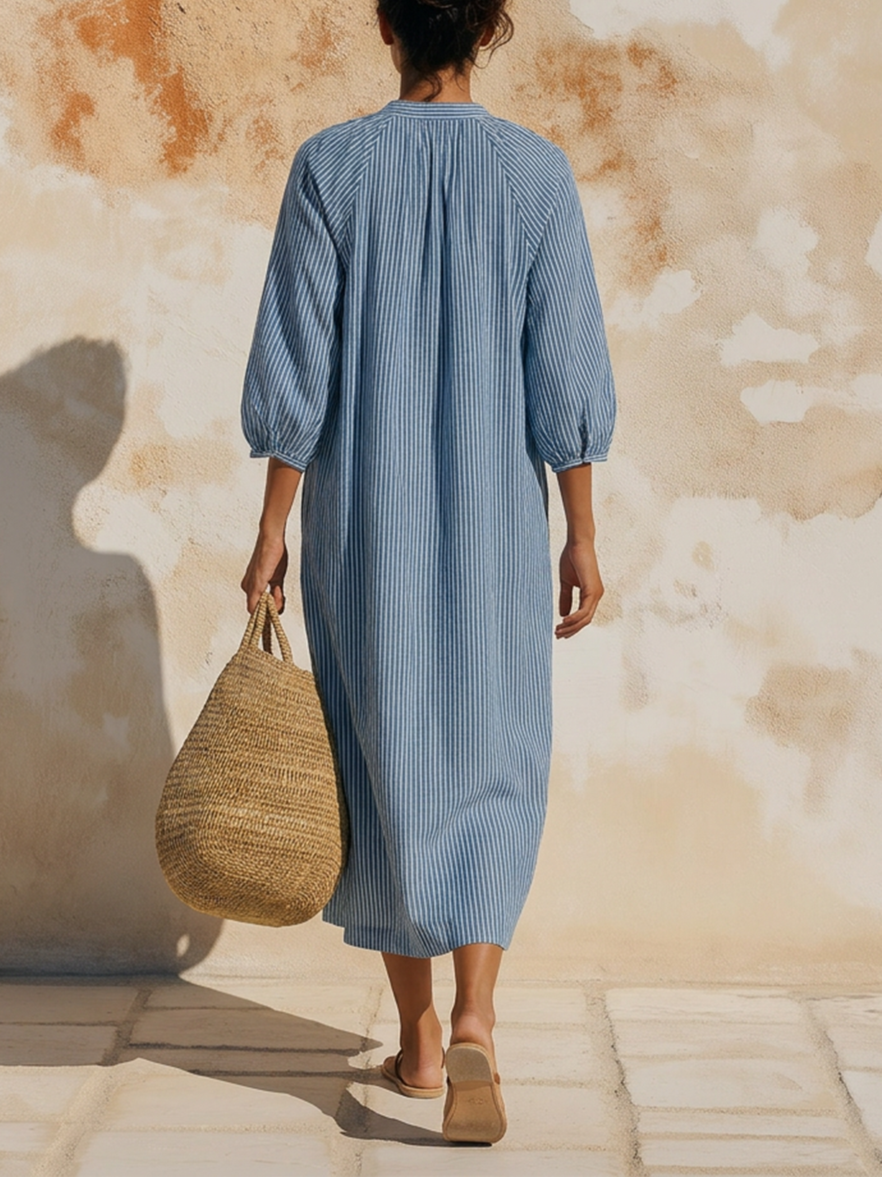 Blue & White Striped Linen Blend Midi Dress