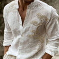 Men's Vintage Pine Tree Art Pattern Linen Blend Shirt