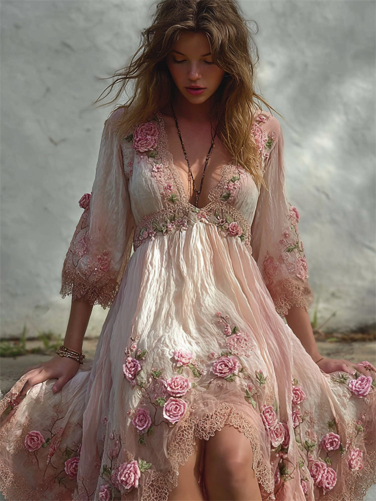 Vintage Pink Roses Embroidered Flowy Linen Midi Dress