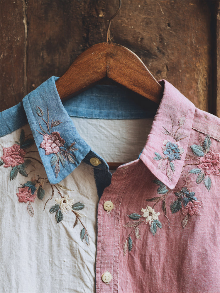 Cottagecore Floral Trans Flag Colorblock Linen Shirt
