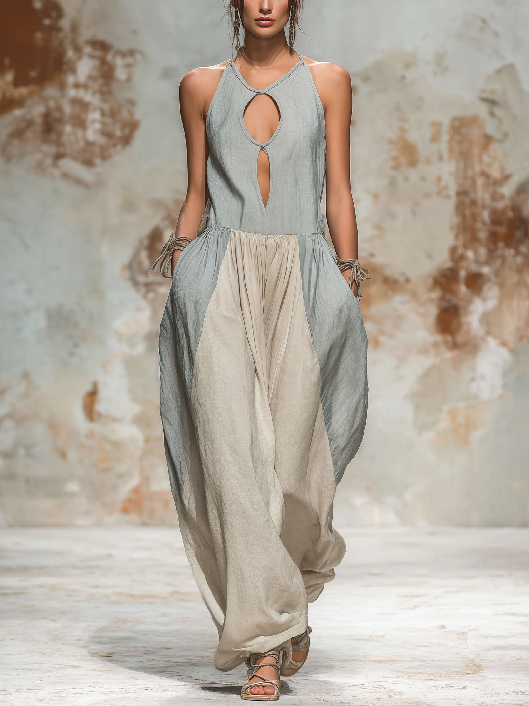 Two-Tone Linen Halter Maxi Dress With Cutout Detail