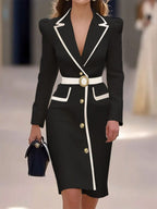 Off White Piping Lapel Collar Long Sleeve Sheath Midi Blazer Dress