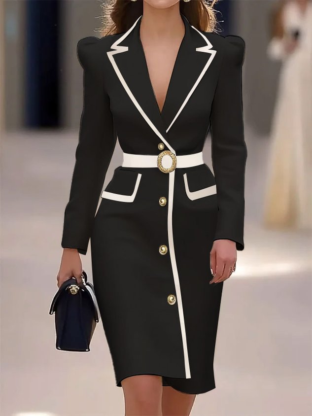 Off White Piping Lapel Collar Long Sleeve Sheath Midi Blazer Dress