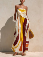Abstract Sunset Print Strapless Maxi Dress