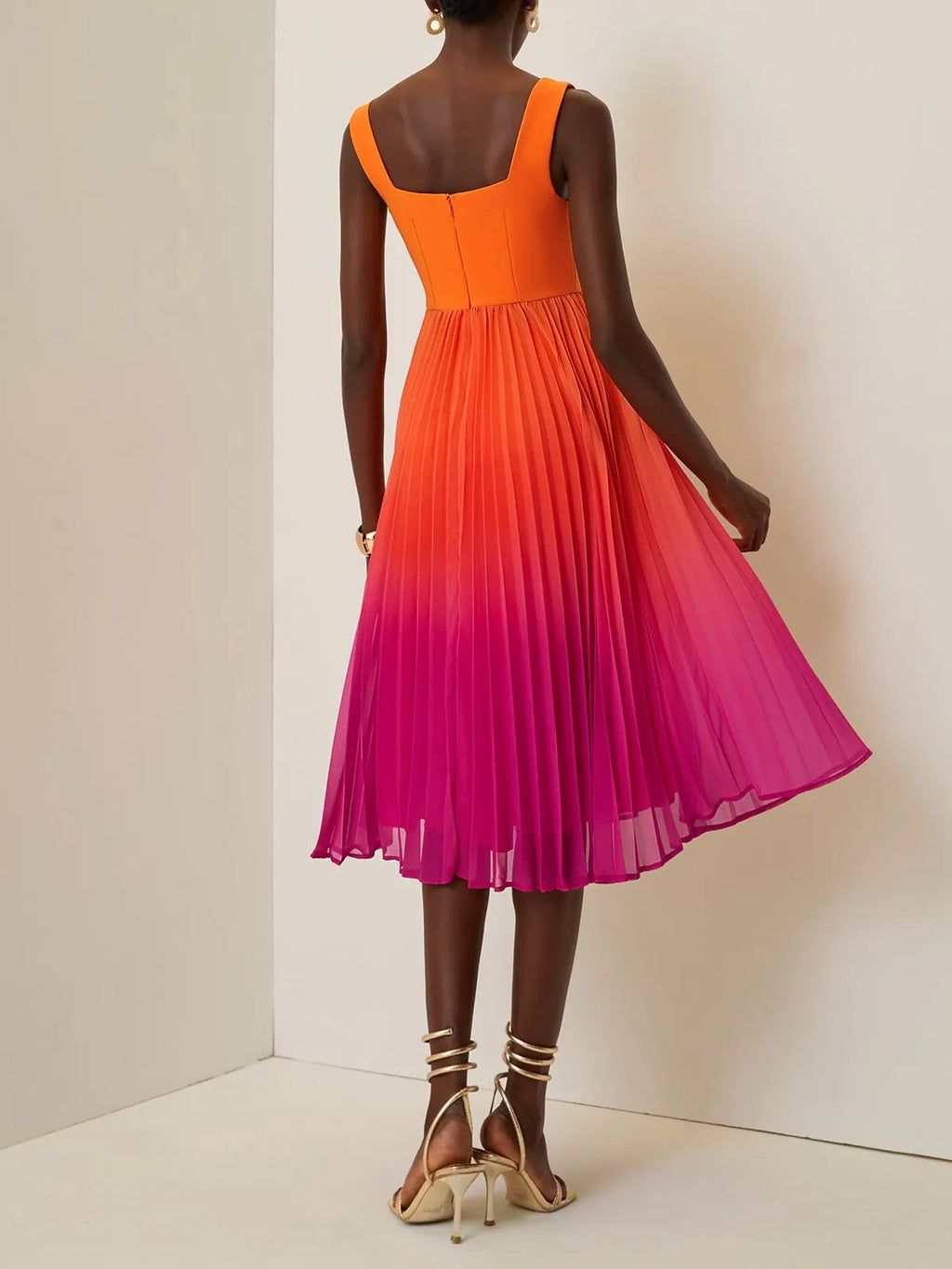 Orange Pleated Ombre Classic Square Neck Sleeveless A-Line Midi Dress