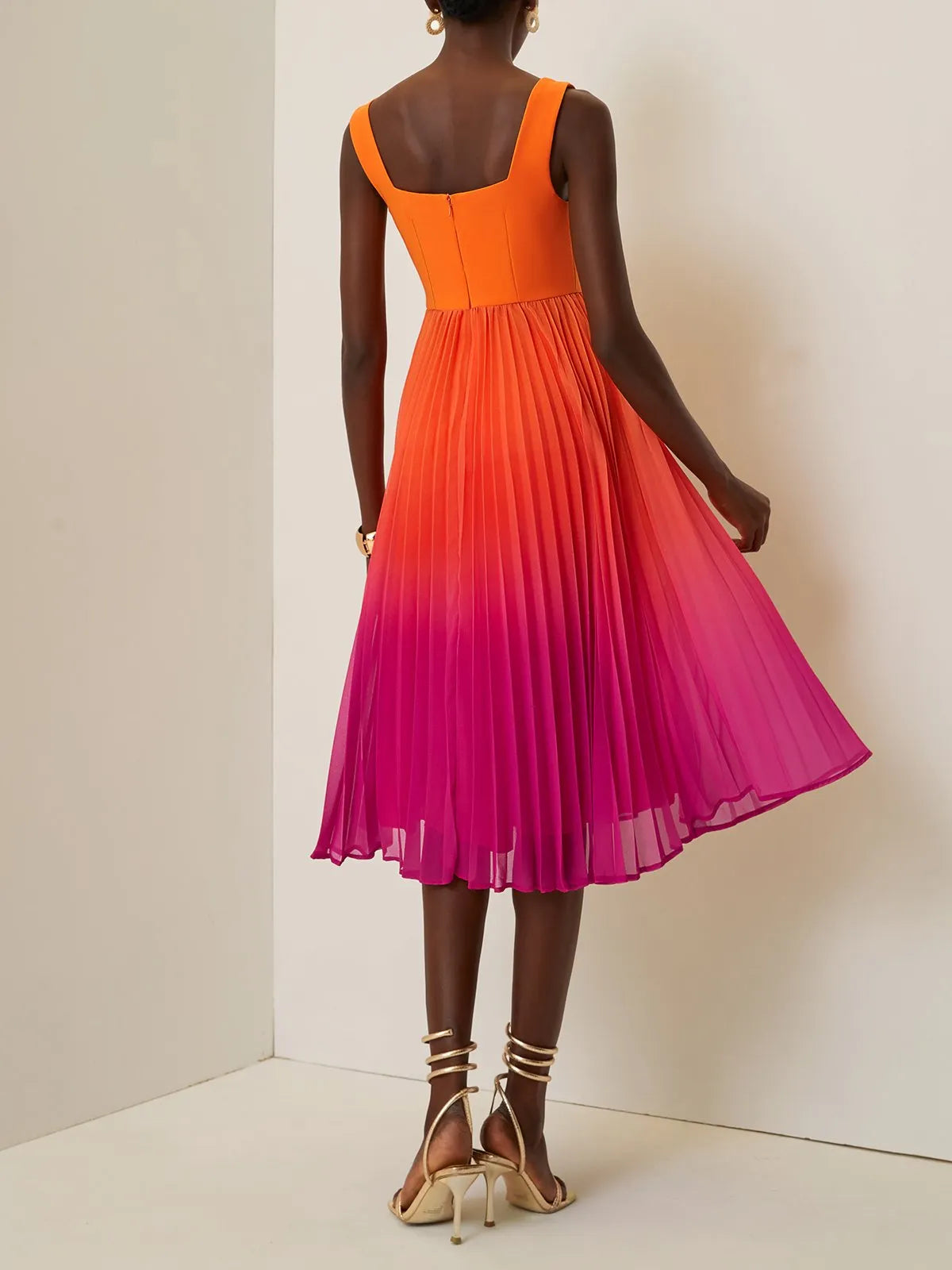 Orange Pleated Ombre Classic Square Neck Sleeveless A-Line Midi Dress
