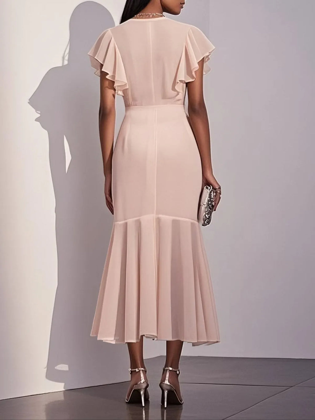 Pink Shirred Ruched Chiffon Lotus Leaf Collar Cap Sleeve Ruffle Sleeve Mermaid Midi Dress