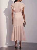 Pink Shirred Ruched Chiffon Lotus Leaf Collar Cap Sleeve Ruffle Sleeve Mermaid Midi Dress