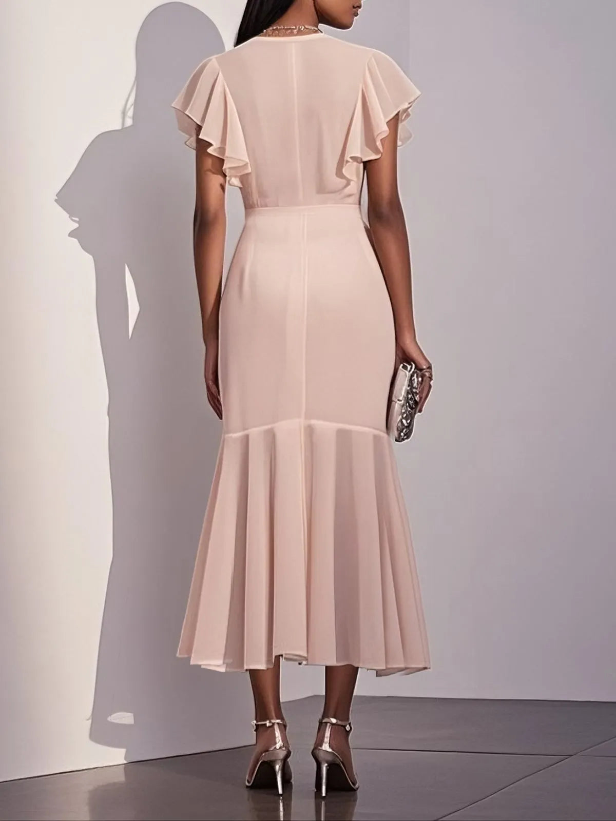 Pink Shirred Ruched Chiffon Lotus Leaf Collar Cap Sleeve Ruffle Sleeve Mermaid Midi Dress