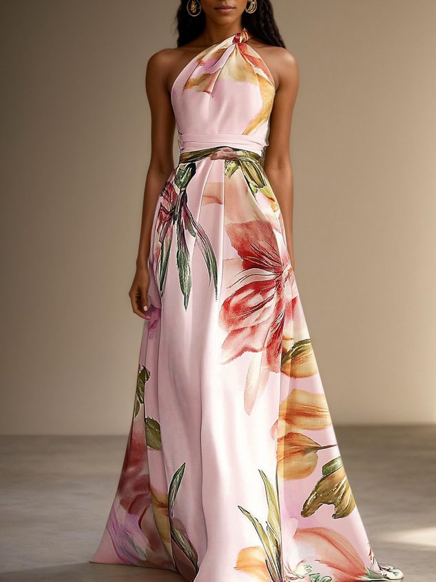Lavender Purple Floral Satin One Shoulder Sleeveless A-Line Floor-length Gown With Pockets