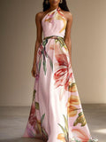 Lavender Purple Floral Satin One Shoulder Sleeveless A-Line Floor-length Gown With Pockets