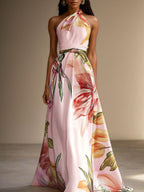 Lavender Purple Floral Satin One Shoulder Sleeveless A-Line Floor-length Gown With Pockets