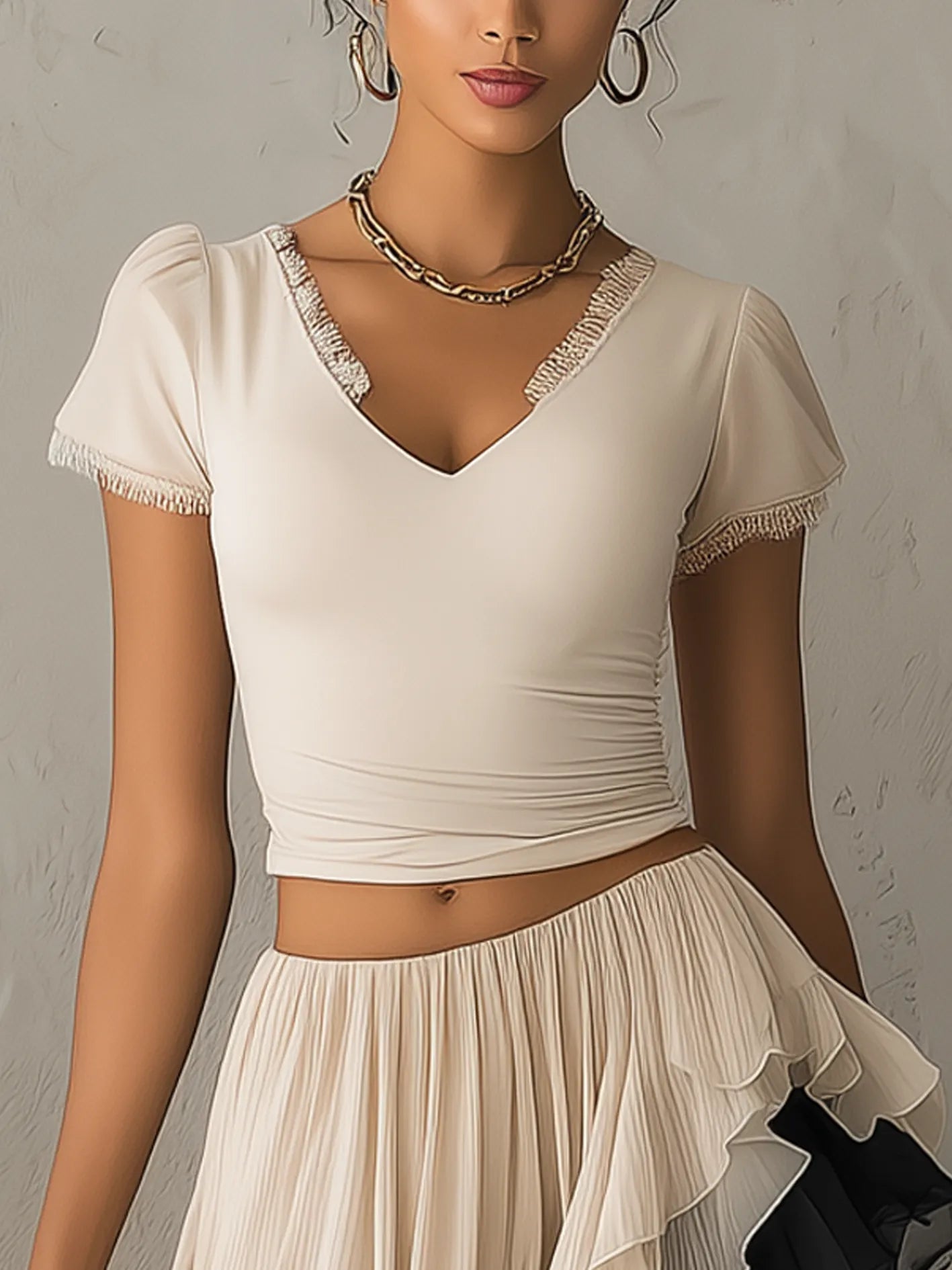 Beige Lace Patchwork Top And Contrast Layered Chiffon Skirt Set