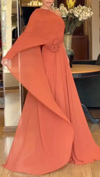 One Shoulder Cape Sleeve Floral Detail Chiffon Maxi Dress