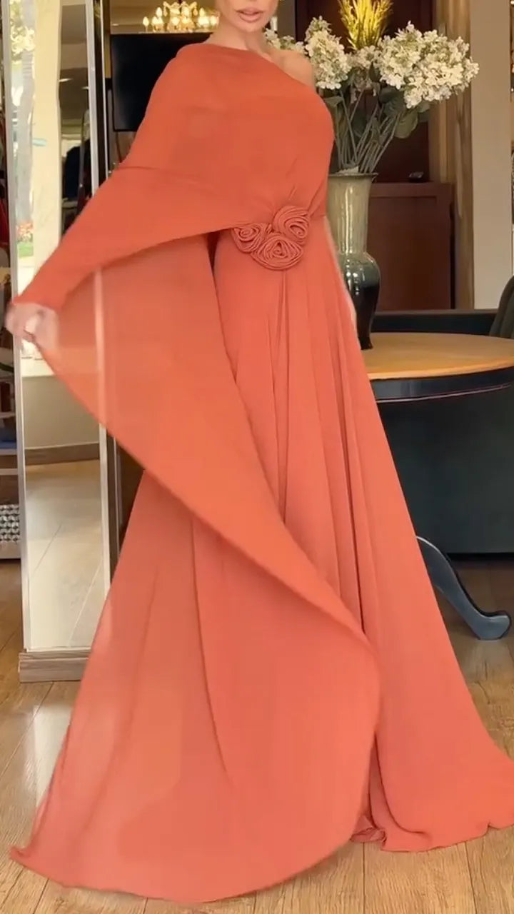 One Shoulder Cape Sleeve Floral Detail Chiffon Maxi Dress