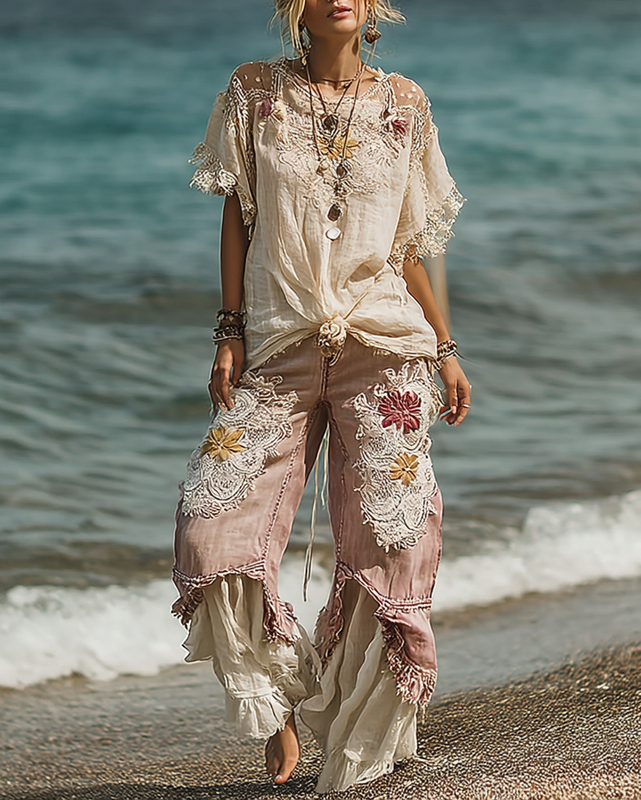 Summer Vacation Floral Embroidered Lace Pants & Top Two-Piece Set 22d8