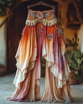 Summer Holiday Ruffle Color Gradient Splicing Linen Pants 6946