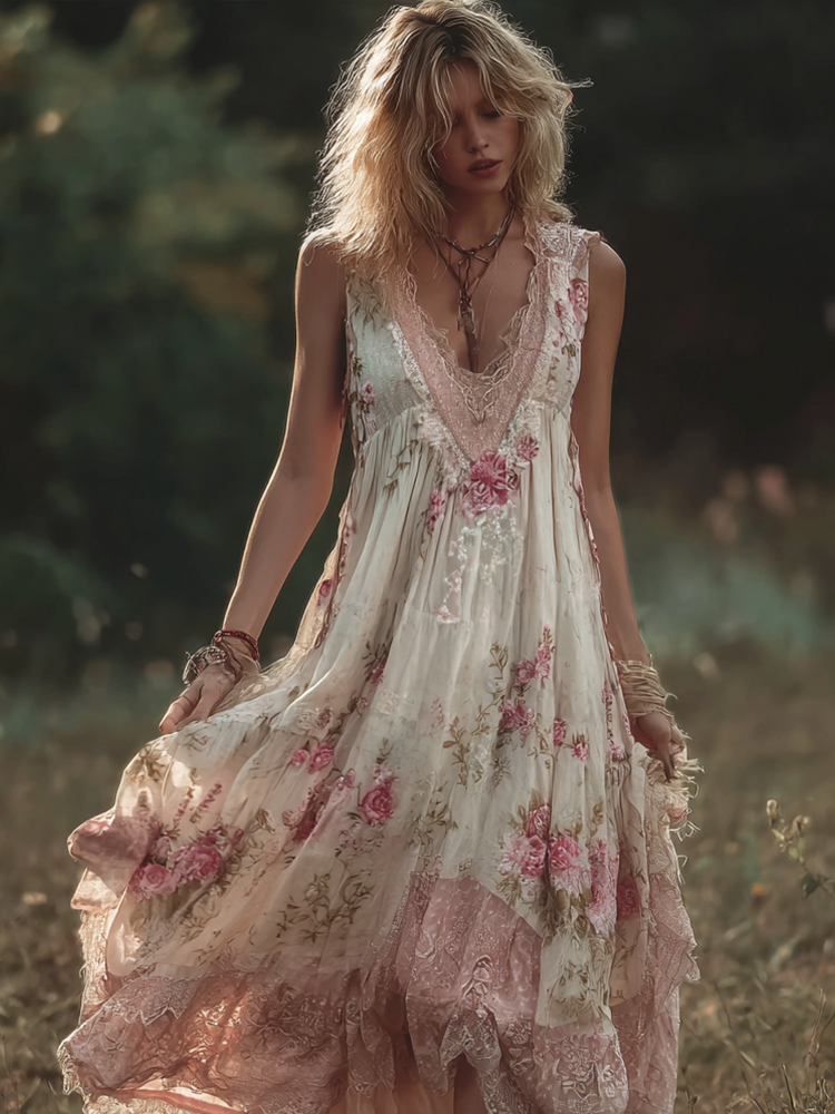 Bohemian Retro Pink Rose Lace Flowing Linen Maxi Dress