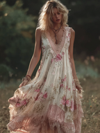 Bohemian Retro Pink Rose Lace Flowing Linen Maxi Dress