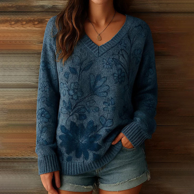 Women's Retro Floral Print V-neck Cozy Knit Sweater