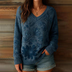 Women's Retro Floral Print V-neck Cozy Knit Sweater