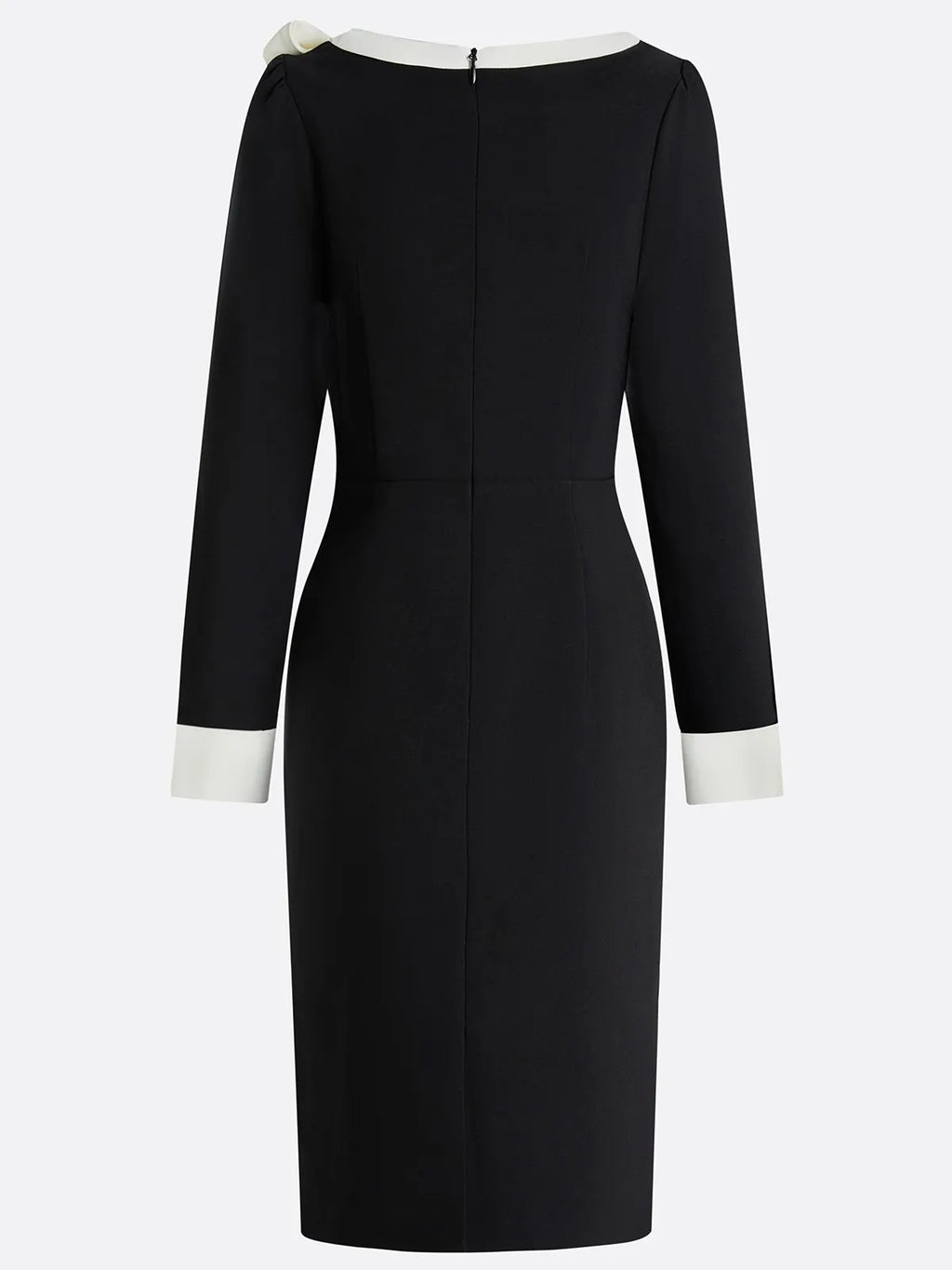 Black Bow Color Block Long Sleeve Sheath Midi Dress