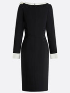 Black Bow Color Block Long Sleeve Sheath Midi Dress