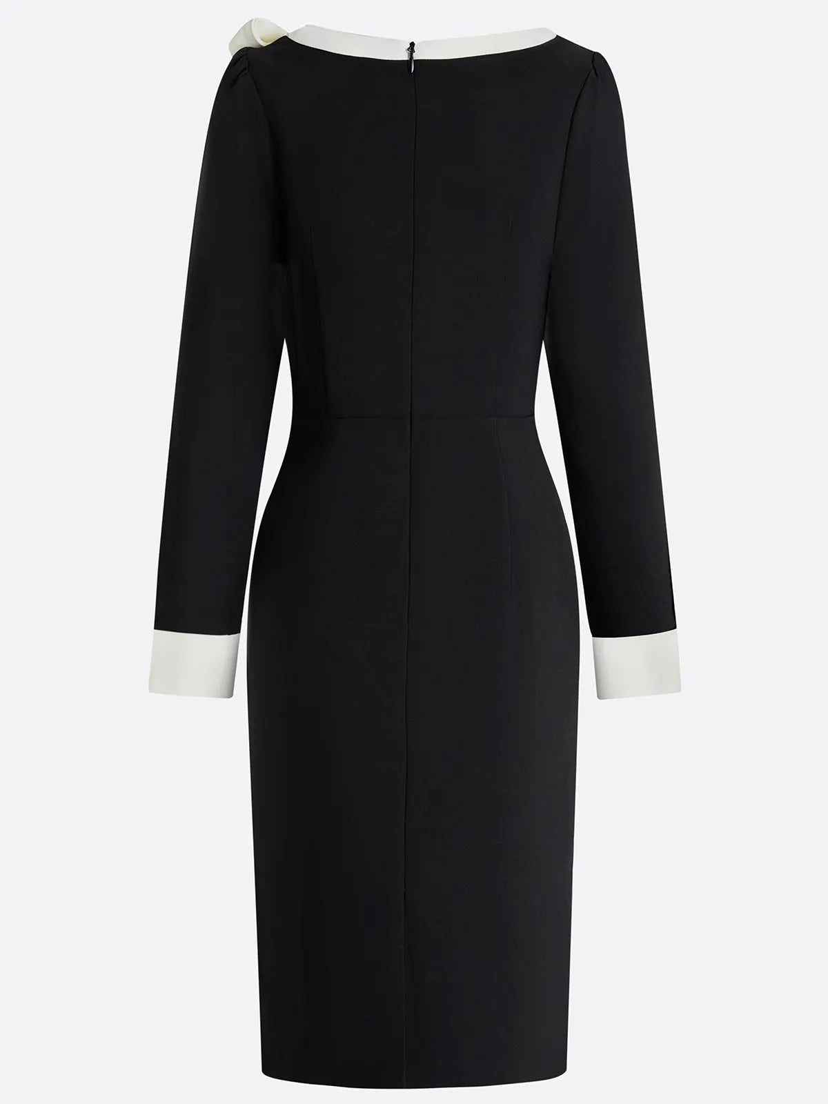 Black Bow Color Block Long Sleeve Sheath Midi Dress