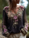 Bohemian Style Round Neck Long Sleeve 3d Purple Flower Design Cotton And Linen Top For Women