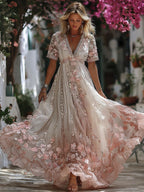 Women's Greece Vacation Greek Key With Floral Print Short Sleeve  Dress